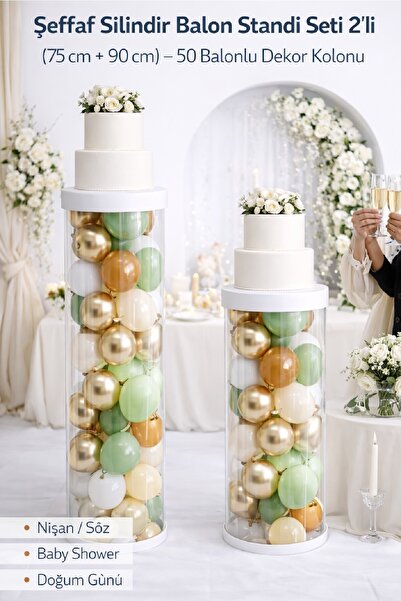BKMC PARTY Şeffaf Silindir Balon Standı Seti 2’li 75-90 cm – 50 Balonlu Beyaz...