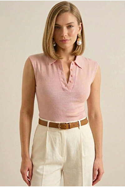 peralist Women's Pink Collared Buttoned Sleeveless Viscose Elasthane Blouse
