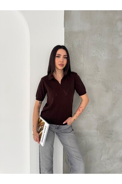 Noi Belis Polo Collar Diamond Patterned Fine Knit Blouse Ss26Bz0081