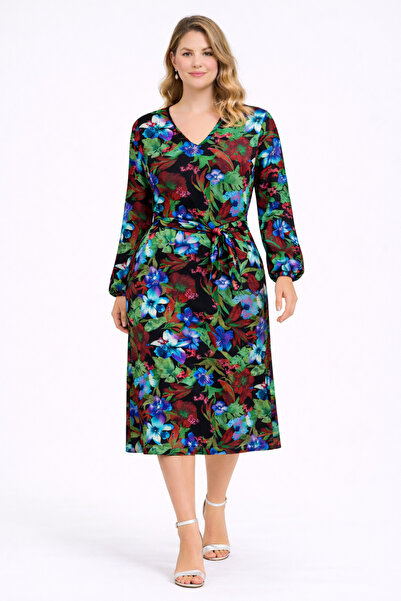 Şans Women's Green, Floral Print , V-Neck, Pocketed Viscose Midi Length Dress...
