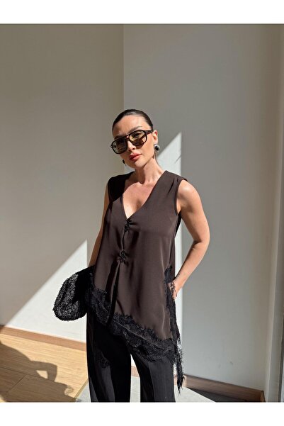 solena sln Women's Lace Detailed Asymmetrical Buttoned Blouse Vest