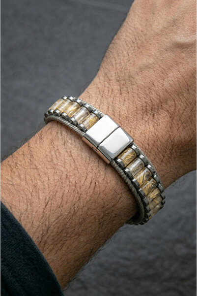 Perlavita Handmade Original Natural Stone Steel Men's Bracelet - Rutile Quart...