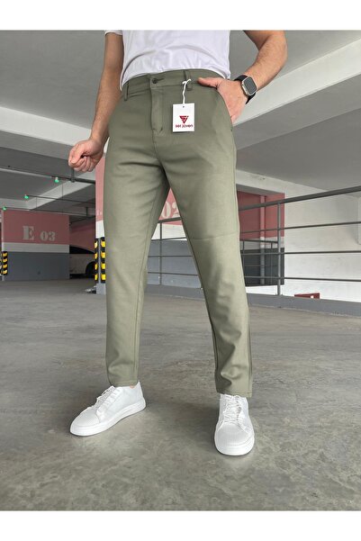 MODAMESTO Ανδρικό χακί παντελόνι από λύκρα σε ίσια γραμμή