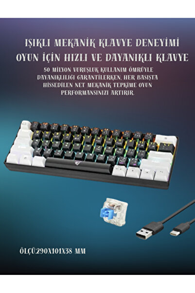 Kerasus Mofan MF1701BW Siyah Beyaz Mekanik Gaming Klavye Blue Switch 61 Tuş RGB