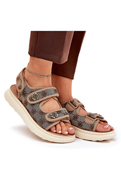 BOTO Sandale damă din material textil cu cu model și detalii aurii, kaki, Pef...