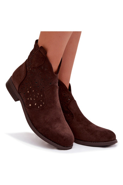 S.BARSKI Ghete damă cu toc plat, model ajurat, HY61-8026, culoare ciocolatiu,...