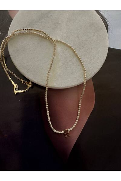 Esmeray Aksesuar Gold Renk Zirkon Taşlı Rodyum Kaplama ( R ) Harfli Su Yolu K...