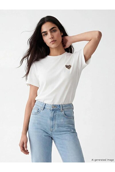 LC Waikiki guler rotund Tricou pentru femei Leopard Heart cu imprimeu (S6)