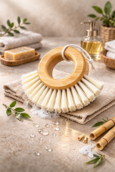 MİS KİTCHEN فرشاة غسيل الأطباق الطبيعية بامبو بمقبض ذات الشعيرات الصلبة، فرشا...