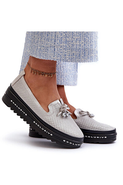 S.BARSKI Shiny Women's Leather Loafers on Platform LR400 Silver 36