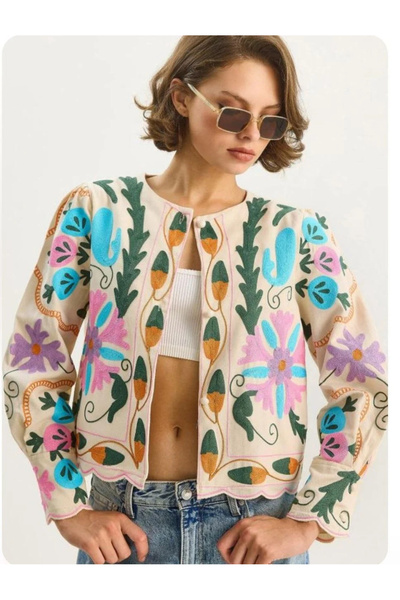 bysoca Women's Beige Crew Neck Long Sleeve Suzani Colorful Embroidered Eyelet...