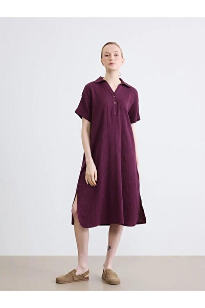 LC Waikiki guler de cămașă texturat supradimensionat Rochie de muselină (S6)