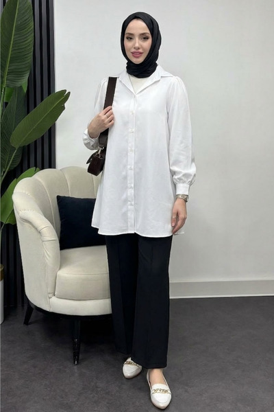 Tesettür Diyarı Γυναικείο ντραπέ πουκάμισο-Λευκό
