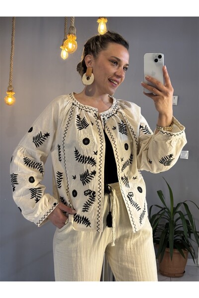 Gözde Tasarım Butik Women's Ecru Stone Color Balloon Sleeves P Tasseled Tie-U...