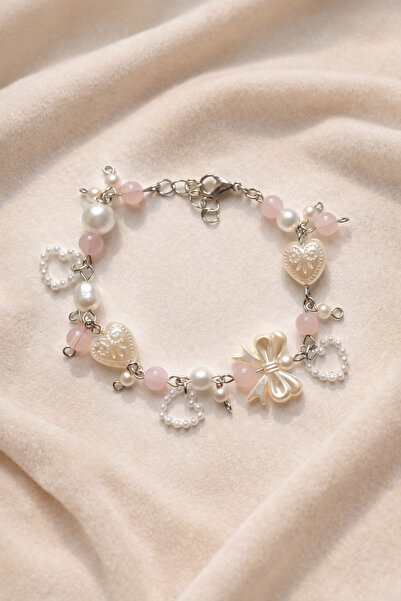 TREND COLLECTİON Pink B Beaded Heart & Bow Charm Bracelet with Pearls