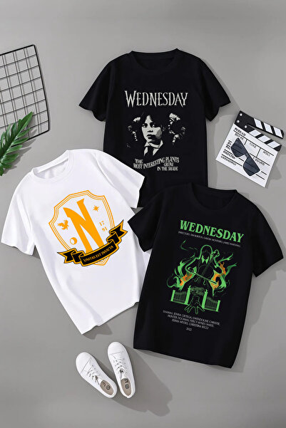 MAGORS WEDNESDAY BASKILI PAMUKLU KISA KOLLU 3'LÜ PAKET GENÇ VE ÇOCUK TSHIRT