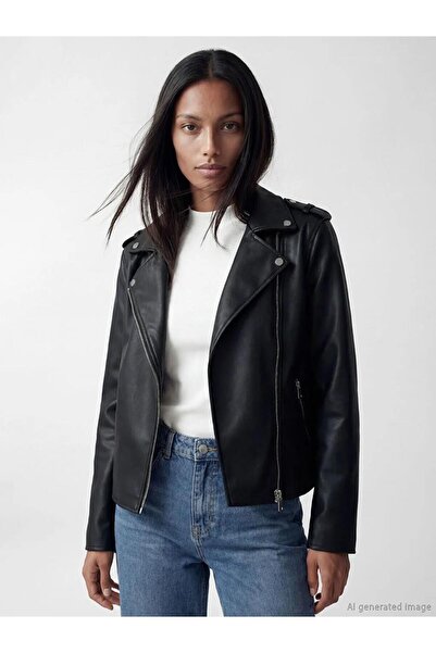 LC Waikiki Biker Collar Women's Leather-Look Jacket (S6)