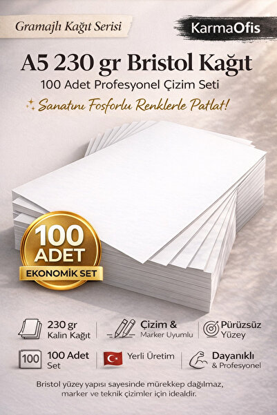 KarmaOfis A5 230 gr Bristol Kağıt 100 Adet – Kalın, Pürüzsüz, Marker & Teknik...