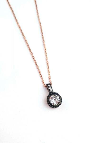 OSESHOP 925ayar Gümüş Üzerine Rose Altın Kaplama Elmas İşçiliği Tek Taş Kolye