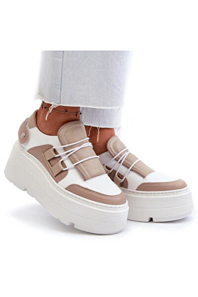 Zazoo Sneakerși 1833 din piele pentru femei cu talpă groasă, albi, mărimea 40