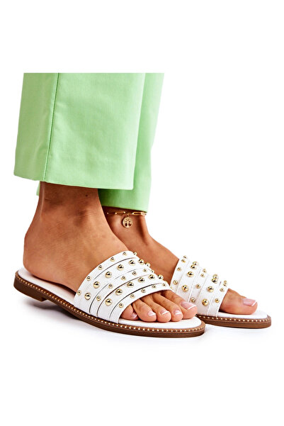 S.BARSKI Papuci de damă din piele cu decorațiuni, albi, Brien, 40