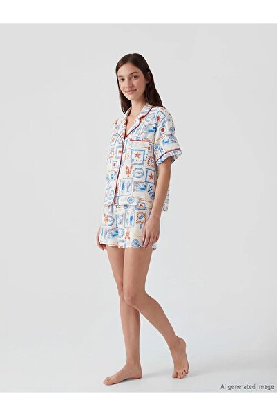 LC Waikiki guler de cămașă cu imprimeu Set de pijamale pentru femei cu pantal...