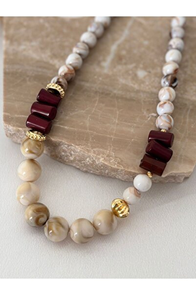 BIJUTERI Beige Bone Necklace with Burgundy & Gold Detail
