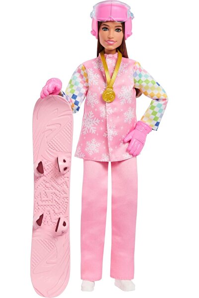 Barbie Pembe kayak montu, pantolonu, botları ve renk değiştiren snowboard bebek