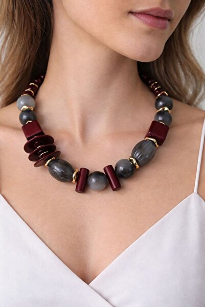 BIJUTERI Burgundy & Gray Bone Bead Necklace