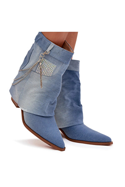 BOTO Ghete damă cu toc bloc și lanț din denim Ilyana 41
