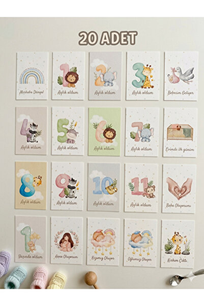 LoveStore Bebek Anı Kartı 20 Adet Bebek Hediyelik Bebek Aylık Anı Kartları Fo...