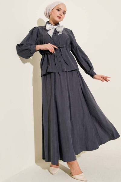Miraydın Butik Waist-Tie Shirt and Skirt Set M25153 - Smoked