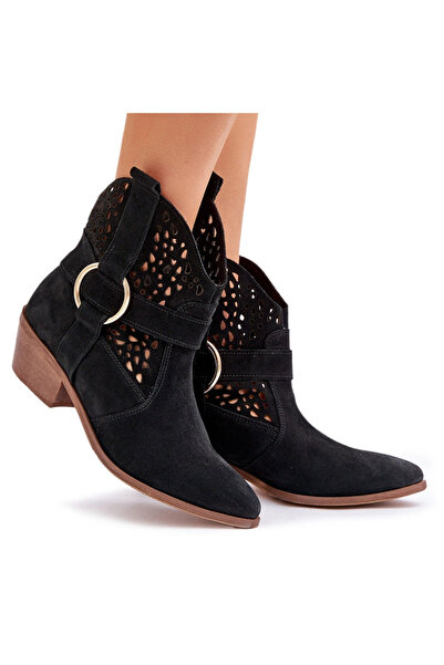 Zazoo Suede Cowboy Ankle Boots Perforated With Heel Black 2994 37