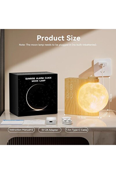 reteyung Lampă Lună cu Alarmă – Wake‑Up Light, 2 Alarme, Sunete Naturale, 8 Culori RGB