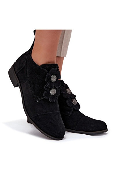 Zazoo Suede Women's Loafers with Decorative Flowers 3080 Black 41