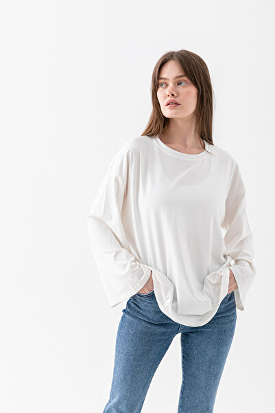 VEGA MODA Basıl Women's 100% Cotton Crew Neck Oversize Fit Long Sleeve T-shirt