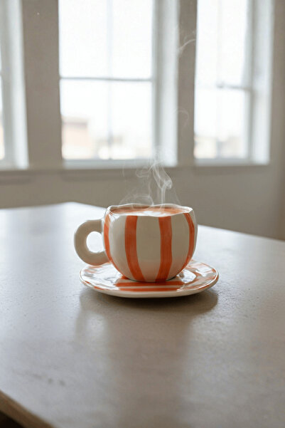 Mithra Life Orange Striped 400 ml Handmade Ceramic Tea Coffee Mug Set Mit1326