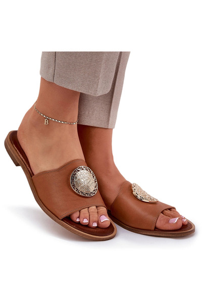 Zazoo 2938 Papuci din piele cu toc plat și decorațiuni Camel 38