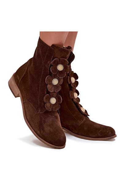 Zazoo Ghete de damă din piele piele întoarsă cu flori decorative 3085 Maro 35