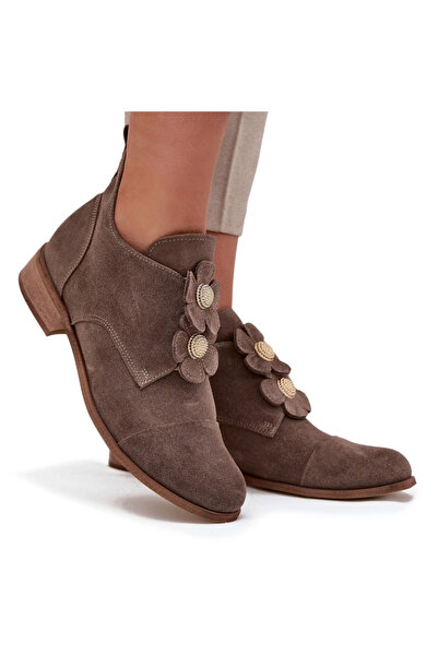 Zazoo Suede Women's Loafers with Decorative Flowers 3080 Dark Beige 35