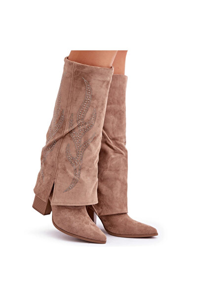 BOTO Cizme până la genunchi decorate cu manșetă îndoită pe călcâi bej închis ...