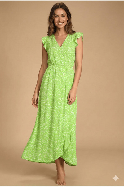 Serena Women's long dress, short sleeves with ruffles, V-neckline - green
