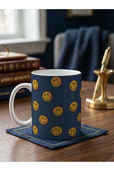 NİVRA GRUP Digital Print Coffee Cups with Yellow Smile Emoji 330 Ml. Gift
