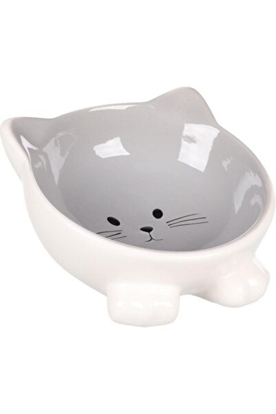 Flamingo Puzi Kedi Kulaklı Desenli Seramik Mama ve Su Kabı GRI-125ML