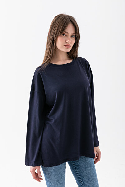 VEGA MODA Basıl Women's 100% Cotton Crew Neck Oversize Fit Long Sleeve T-shirt