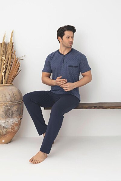 Tarık Men's 100% Cotton Half Button Navy Blue Dot Pattern Short Sleeve Pajama...