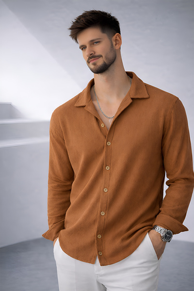 beuivo Men's Light Brown Ottoman Corded Fabric Fabric Comfortable Fit Long Sleeve Oversized Shirt