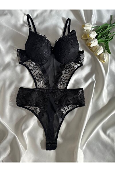 Gold Night Kadın Siyah Dantelli Destekli Transparan Çıtçıtlı Sütyenli Body Bo...