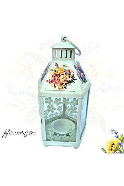 CrisArtDeco Λευκό μεταλλικό φανάρι με σχέδιο τριαντάφυλλων