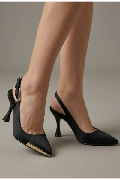 ŞAH Black Open Back Buckled 7cm Heeled Evening Dress Shoes